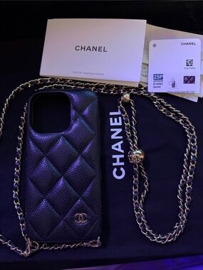 CHANEL Black Quilted Leather Phone Case with Gold Chain Strap